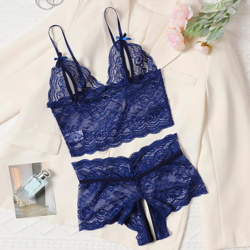Open Bra 2 Pcs Women Lace See-Through Pajama Black Cute Clothes Comfortable Breathable Suspender Shorts Bra And Brief Set Hollow — image 9