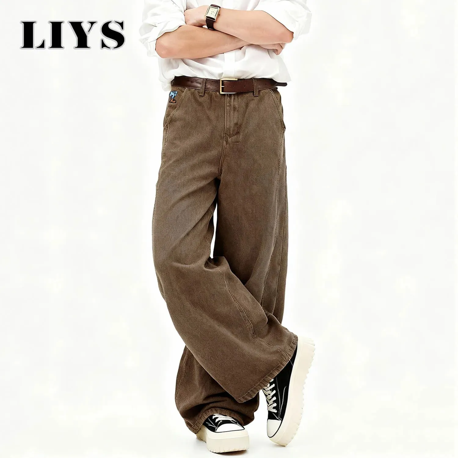 American Men's Retro Brown Ultra Baggy Wide Leg Jeans Street Casual Embroidery Oversized Men's Clothes Unisex Denim Pants — image 3