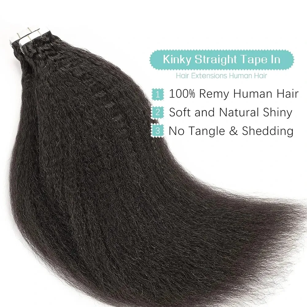 Kinky Straight Tape In Hair Extensions 20Pcs/50g Adhesive Invisible Yaki Straight Tape Ins 100% Human Hair Natural Black 26 Inch — image 2