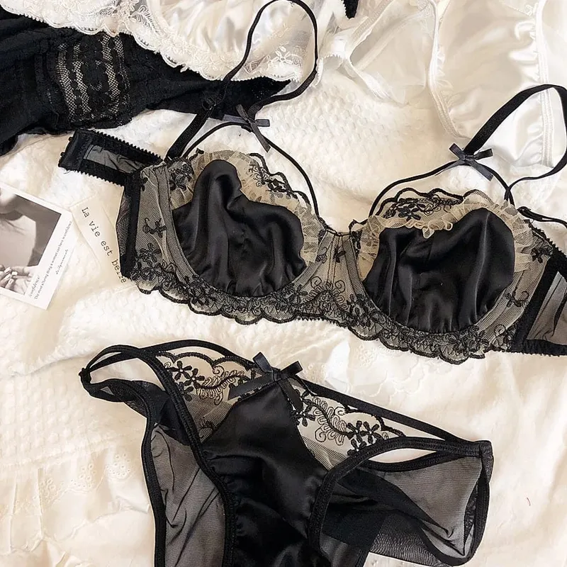 KUCLUTBlack Floral Embroidery Ultrathin Bra Set Women Sexy Push Up Hollow Out Underwear Translucent Silks Satins Lingerie Suits