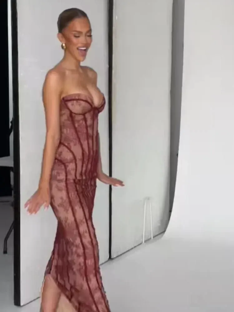 Chic Gauze Fishbone Strapless Dress Women Backless Off-shoulder Waist Cinching Slim Maxi Vestidos 2026 Lady Evening Party Gowns