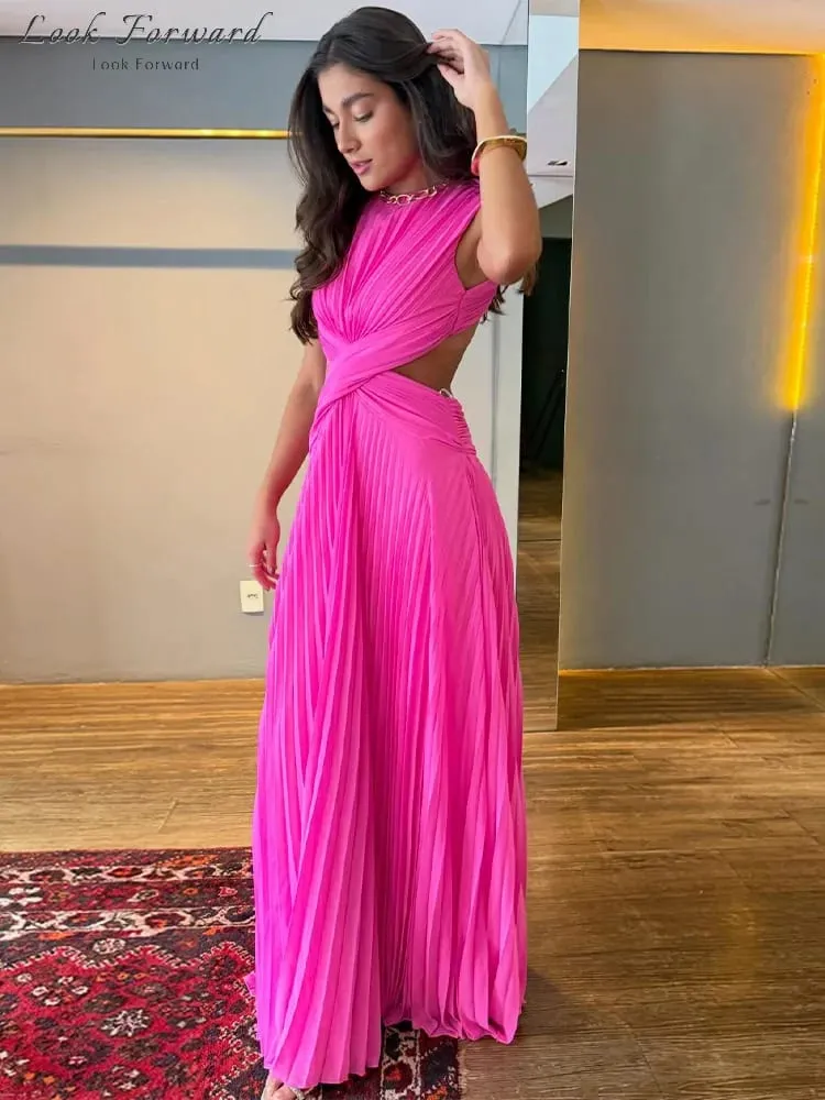 Hollow-out Pleated Maxi Dresses Women's Sleeveless Backless Waist-cinching O-neck Dress 2026 New Ladies Summer Vacation Outfit — image 2