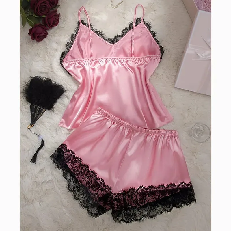 Solid Color Lace Trim Silk Lingerie Set Woman Pajamas Underwear Luxury Nightwear Sexy Bra V Neck Tank Short Summer Intimacy Sets — image 2