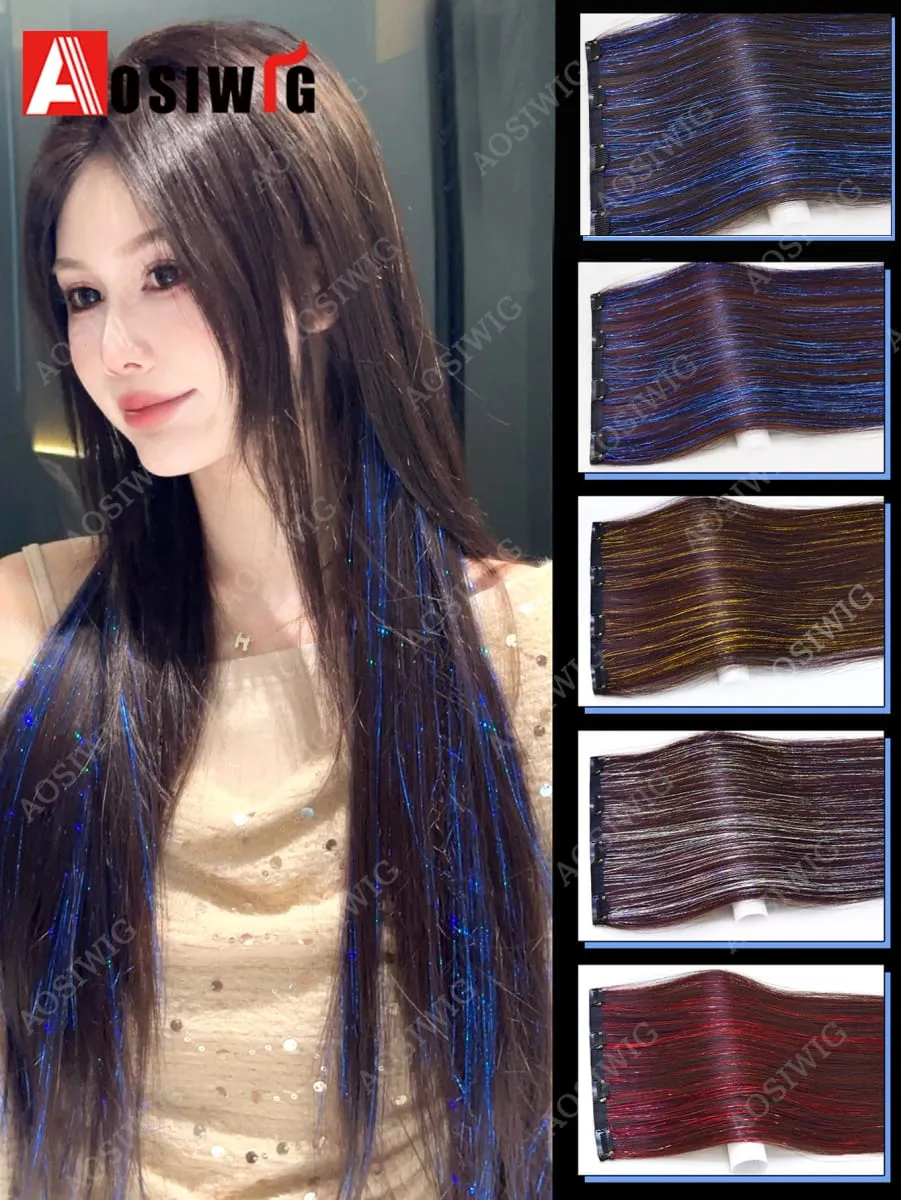 Blue Glitter Tinsel Clip in Hair Extensions One Piece Straight Synthetic Hairpiece with Sparkle Strands for Women Party Daily — image 2