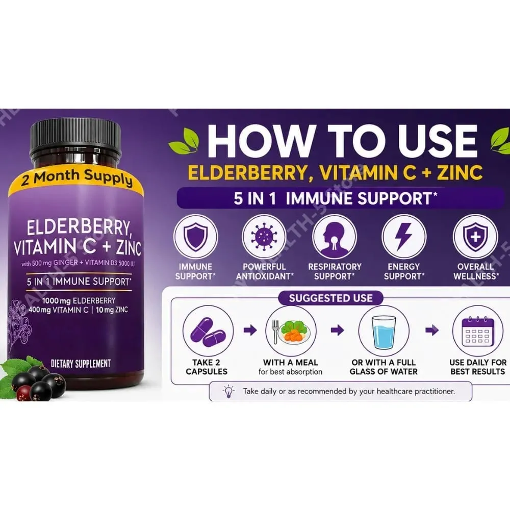 Capsule di sambuco con vitamina C zinco D3 Zenzero Sambucus Miscela di erbe di sambuco nero Supporto quotidiano per il benessere degli adulti — image 6