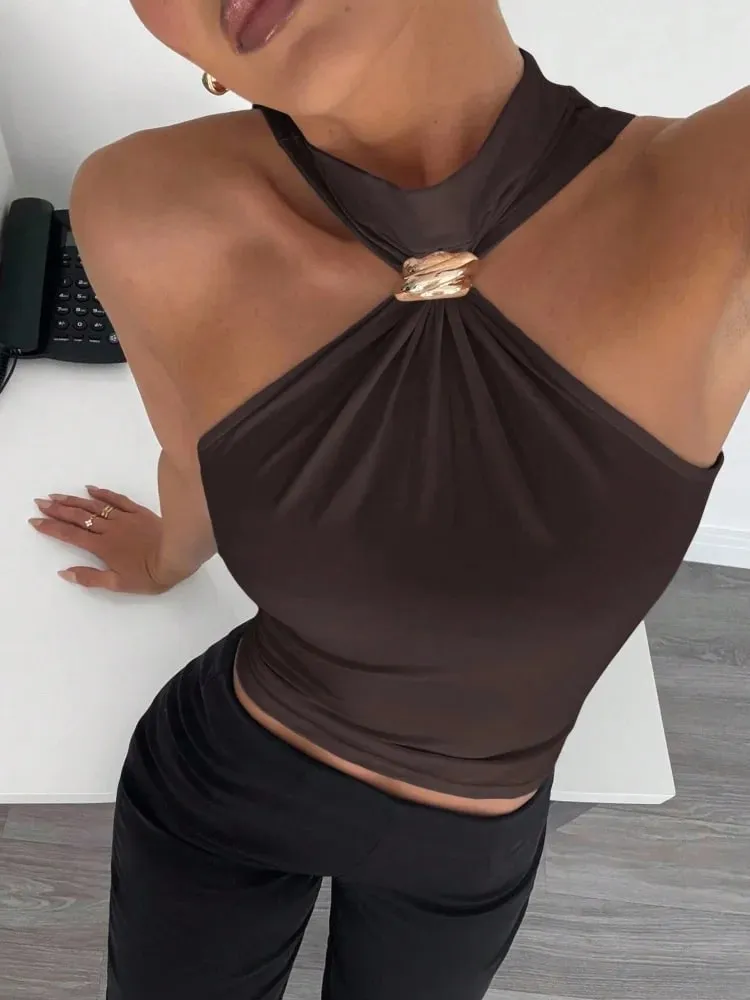 Metal Ring Decor Twist Knot Sleeveless Tank Top for Women Summer Casual Elegant Office Style Halter Neck Slim Fit Crop Top — image 3