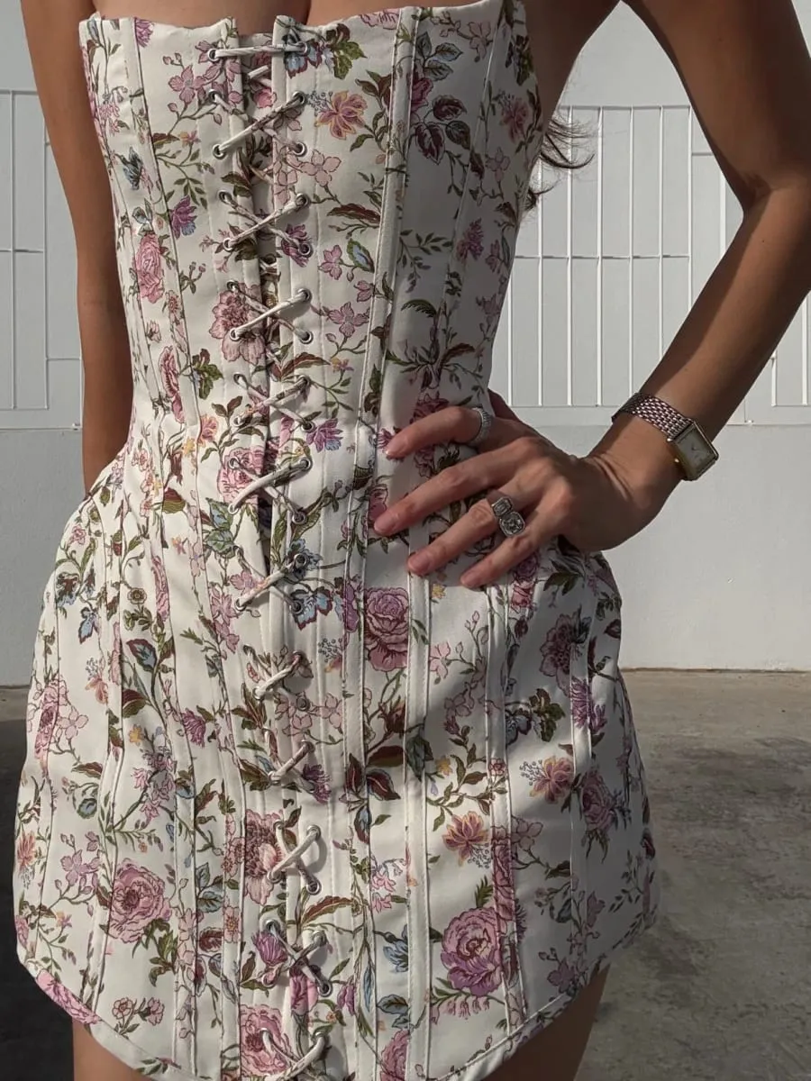 Floral Printed Off The Shoulder Lace‑up Mini Dress Strapless Waist-cinching Corset Short Dresses 2026 New Women's Party Outfits — image 1