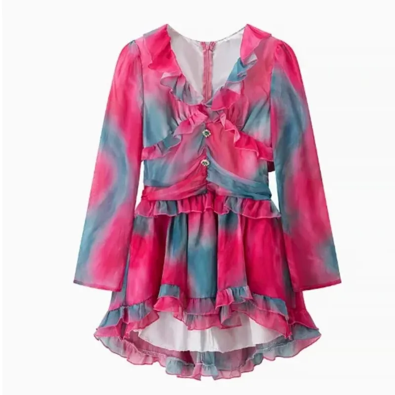 Women Elegant Floral A-line Pleated Dress Sexy Long-sleeved Waist Cinching Ruffle Mini Dresses 2026 Lady Vacation Street Gowns — image 9