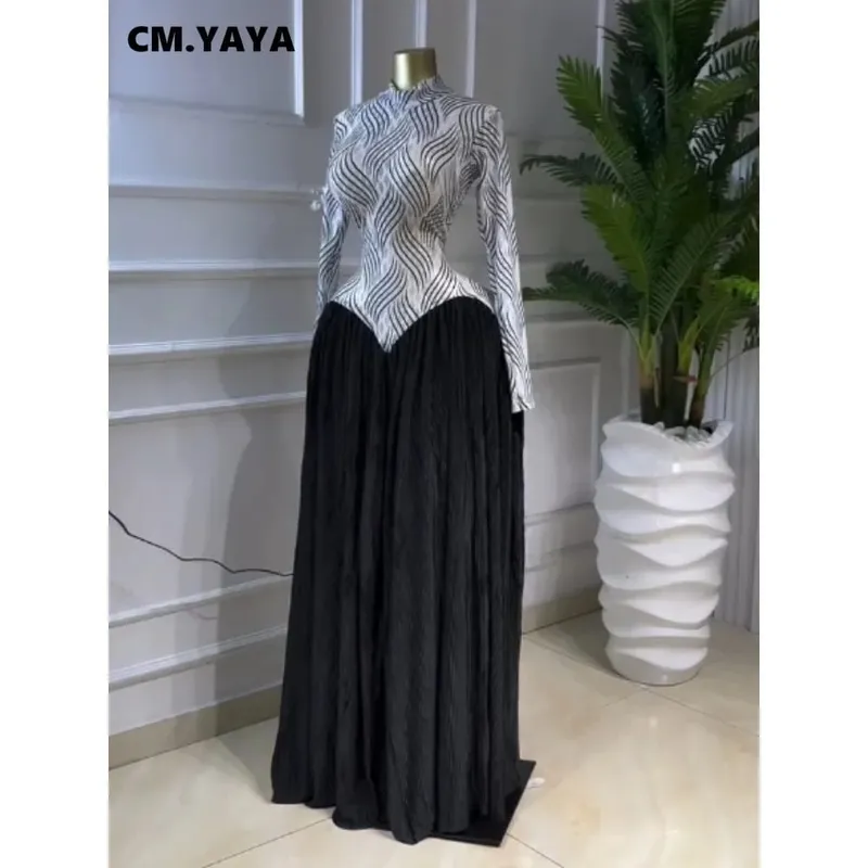 CM.YAYA Women V-neck Long Sleeve Big Swing Striped Print Long Dress 2026 Sexy Parties Evening Vacation Long Dresses Vestidos — image 7