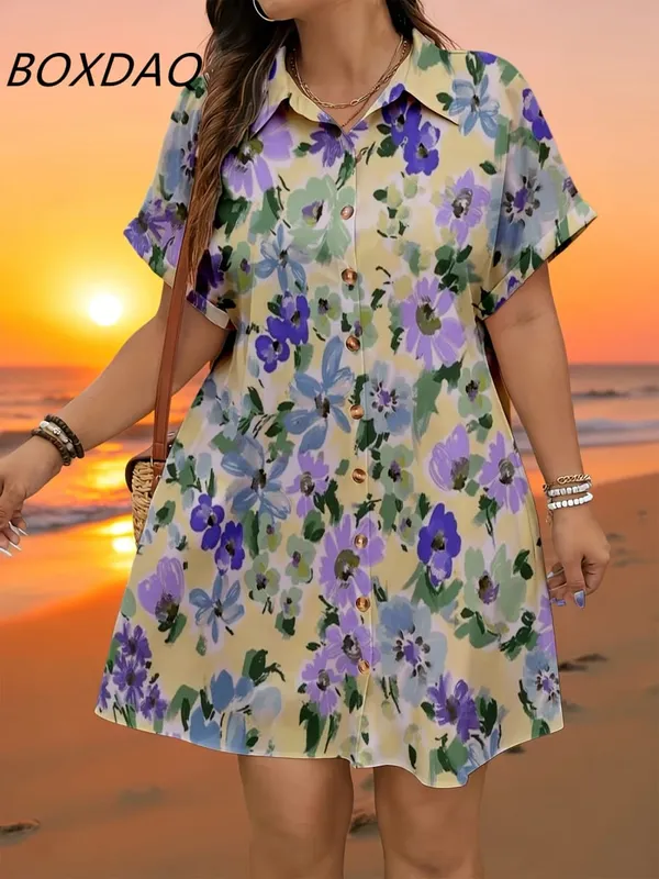 Short Sleeve Flower Pattern Fashion Women Mini Dresses Summer 3D Printed Street Elegant Casual Ladies Shirt Dress Plus Size 3XL