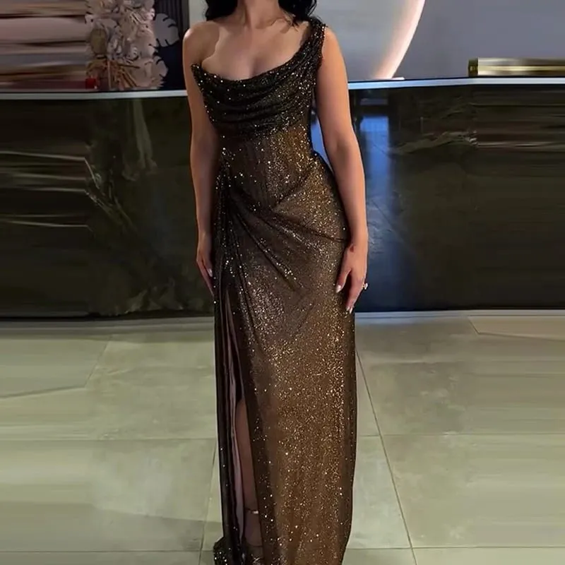 性感優雅全長高開叉派對禮服別緻束腰宴會超長連身裙奢華女式一肩閃光修身連身裙