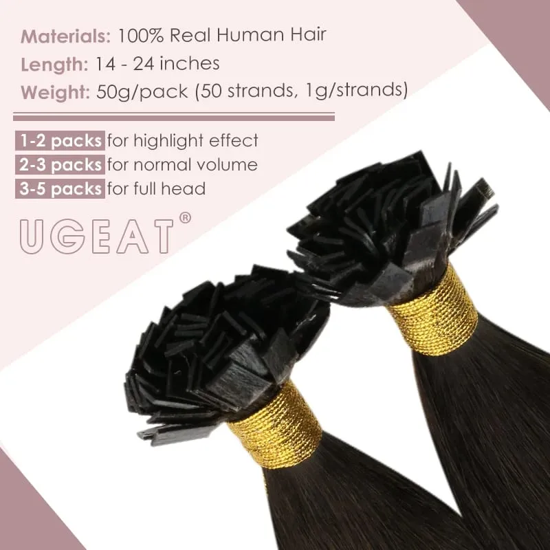 Ugeat Flat Tip Hair Extensions Human Hair Pre-Bonded Hair Extensions 14-24" Keratin Flat Human Hair Balayage Color Hair 1g/1s
