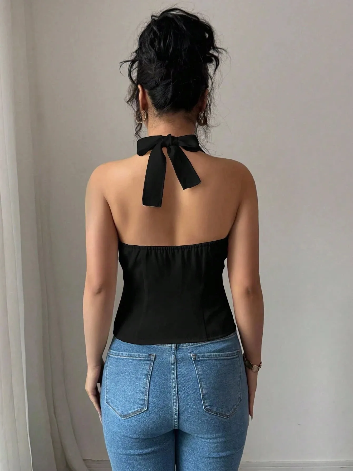 Women's Solid Color Casual Button-Up Halter Top Tank Vest One Piece Comfortable Breathable Fashionable Summer Wear — image 3