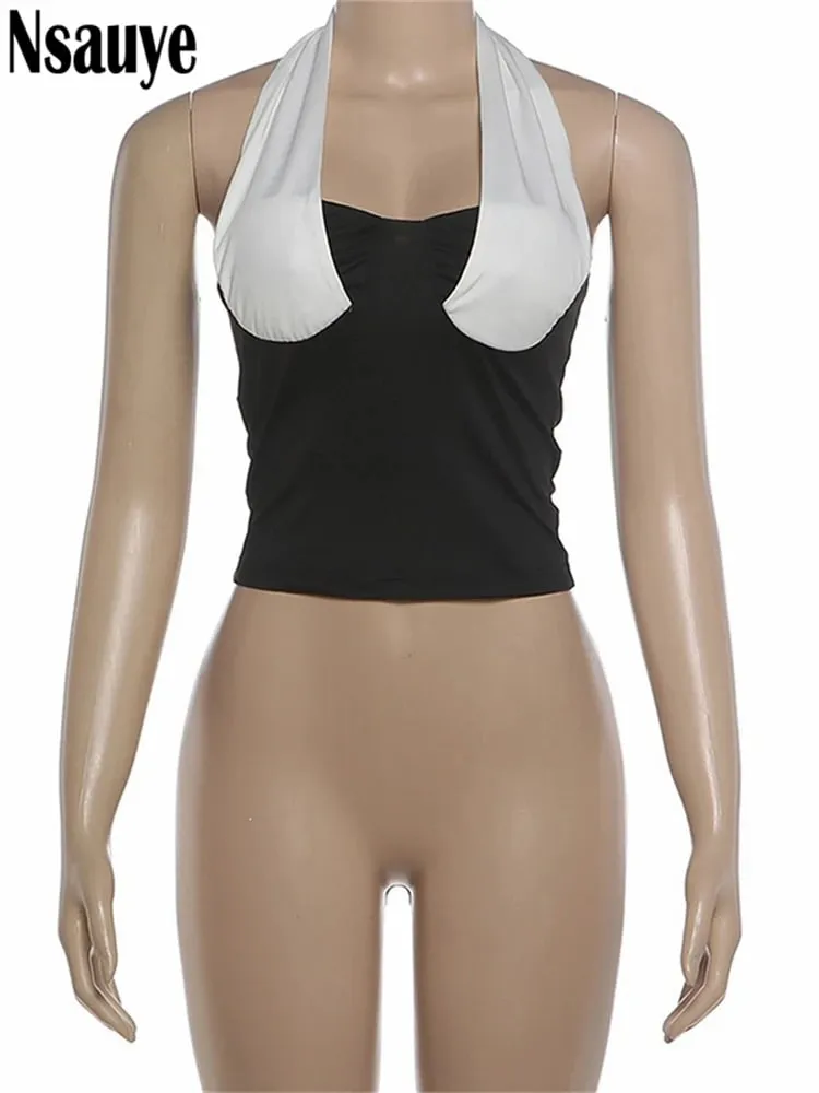 Nsauye Fashion Sleeveless Halter Patchwork Crop Top Sexy Club Women Clothing Y2K Backless Skinny Tank Tops Vest Autumn 2026 — image 5