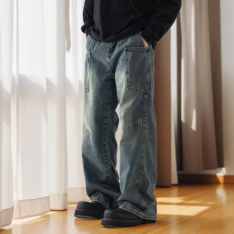 Korean Style Large Pocket Workwear Jeans Retro Blue Men'S Baggy Jeans Straight Leg Pants Casual Wide Leg Pants Casual Pants — image 7