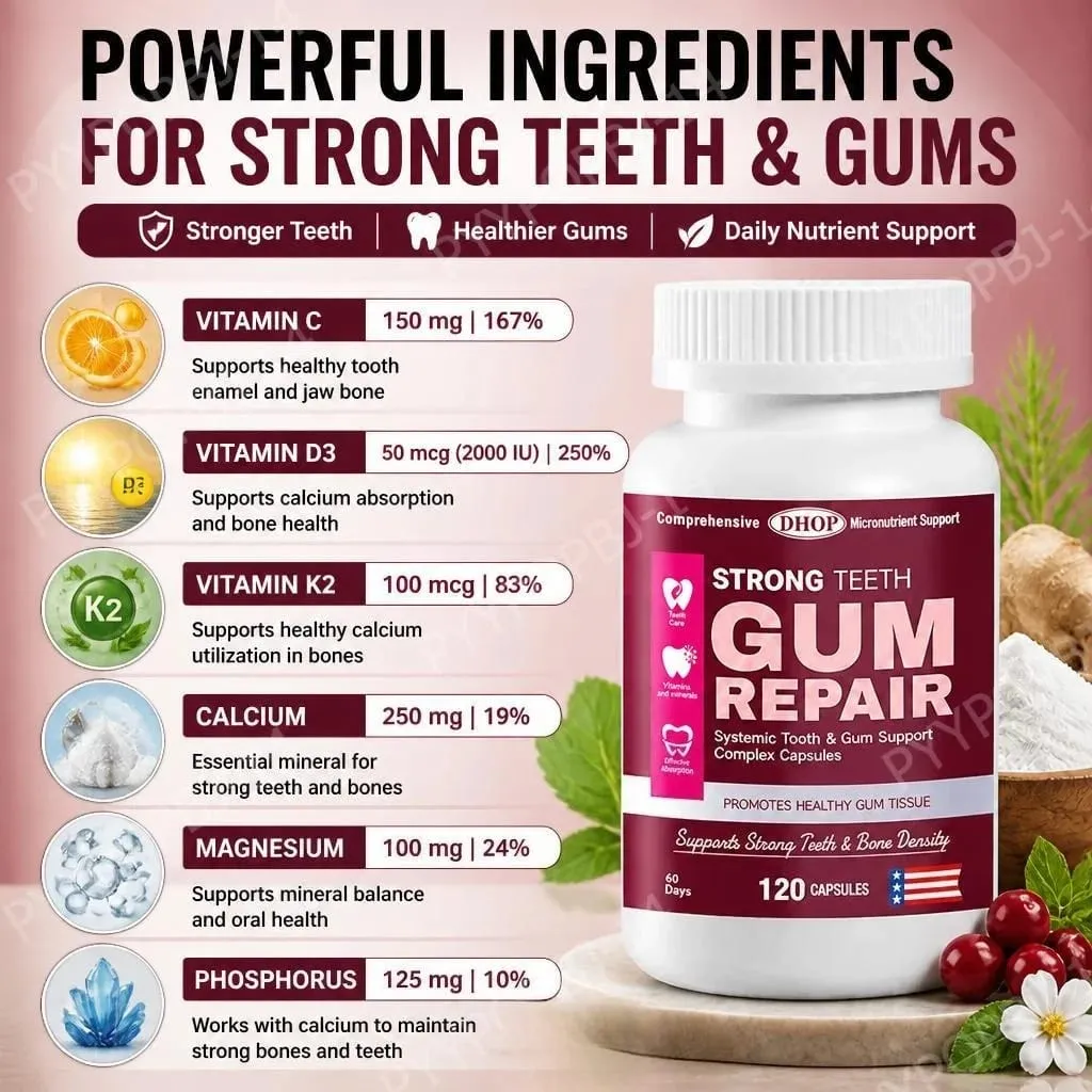 Las cápsulas para dientes fuertes apoyan el esmalte dental y la salud del tejido de las encías con vitamina C, vitamina D3, K2, calcio y zinc, 120 cápsulas — image 4
