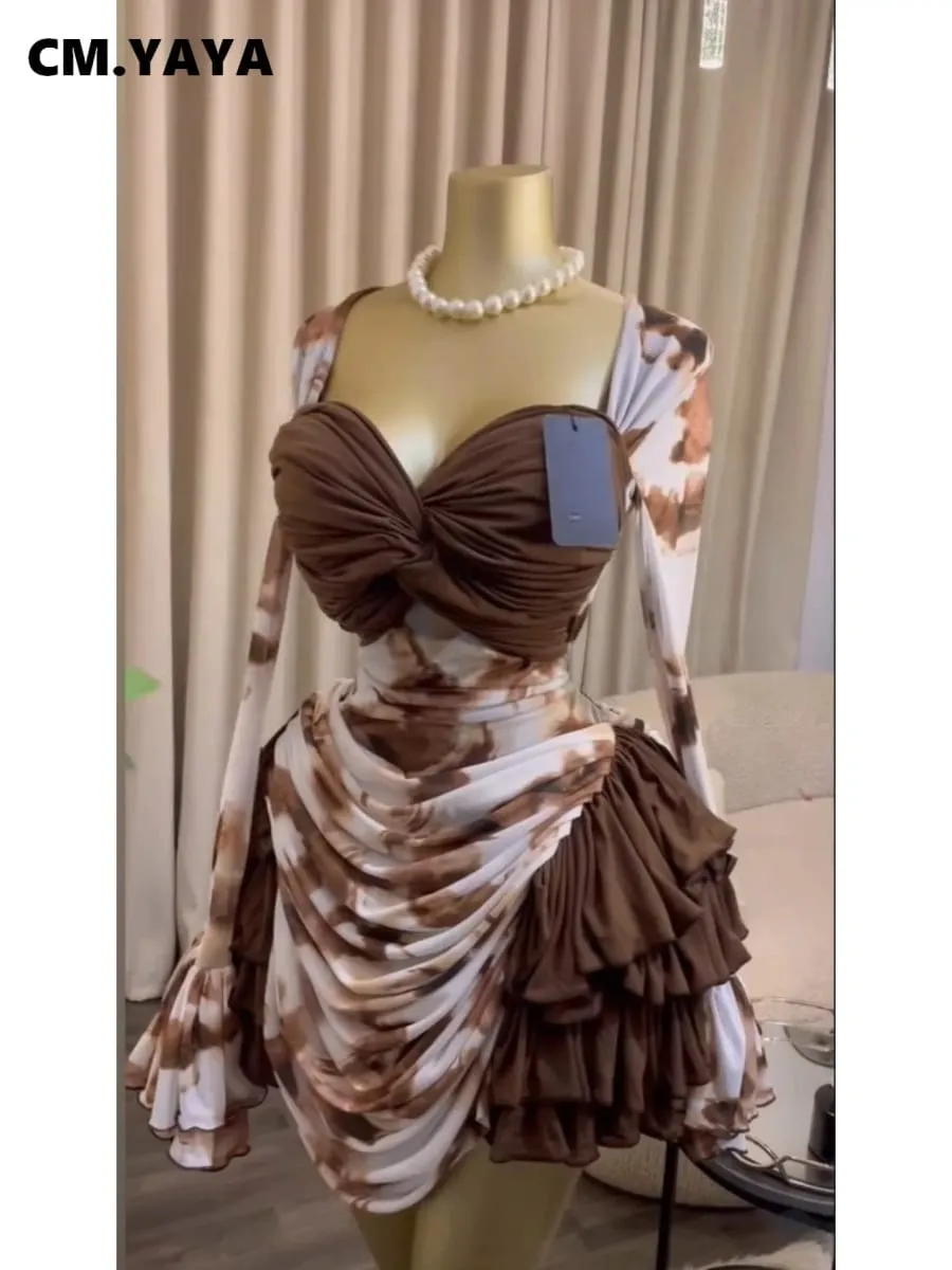 CM.YAYA Kobiety Tie Dye Print Kaskadowe falbany Bell Z długim rękawem Bodycon Ruched Drapowana sukienka z dekoltem w kształcie litery V Wakacje Plaża Sukienki wakacyjne