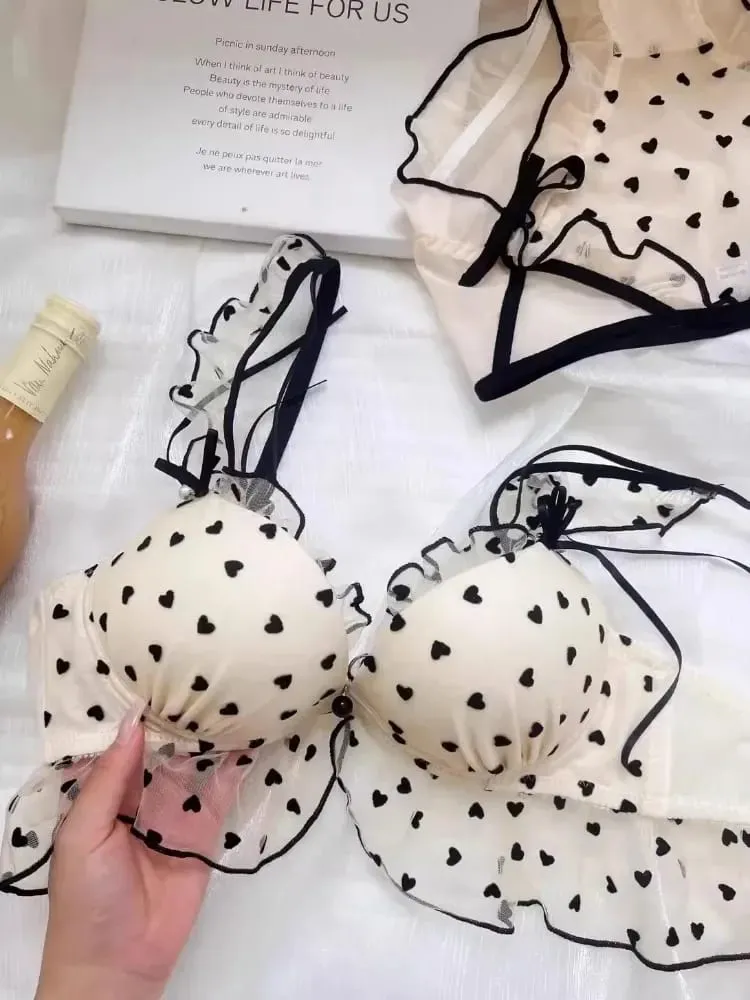 Set intimo in pizzo senza fili giapponese a rete I seni piccoli da donna raccolgono sexy puro desiderio reggiseno dolce reggiseno carino Panty SET TUSHY — image 2