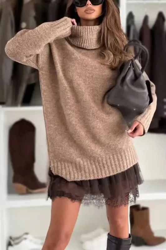 New Women's Dress 2-piece Knitted Sweater Turtleneck Lace Loose Fashionable Drop Shoulder Long Sleeve Female's Mini Skirt