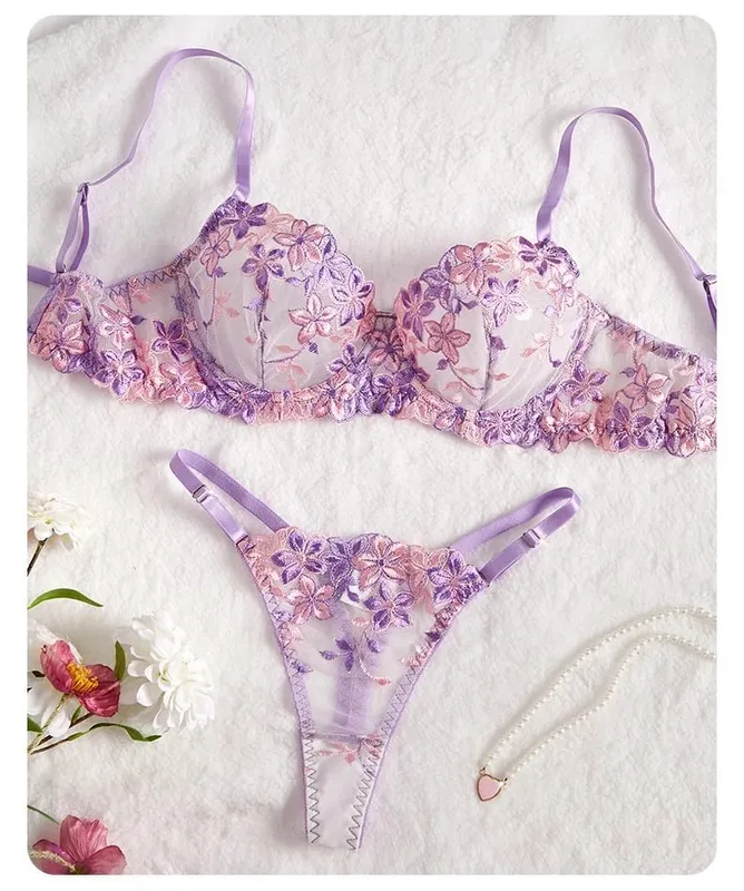 Purple Sexy Lingerie for Women Sets Lace Embroidery 2 Piece Underwear Set Sheer Mesh Bra and Panty Set with Underwire — image 8