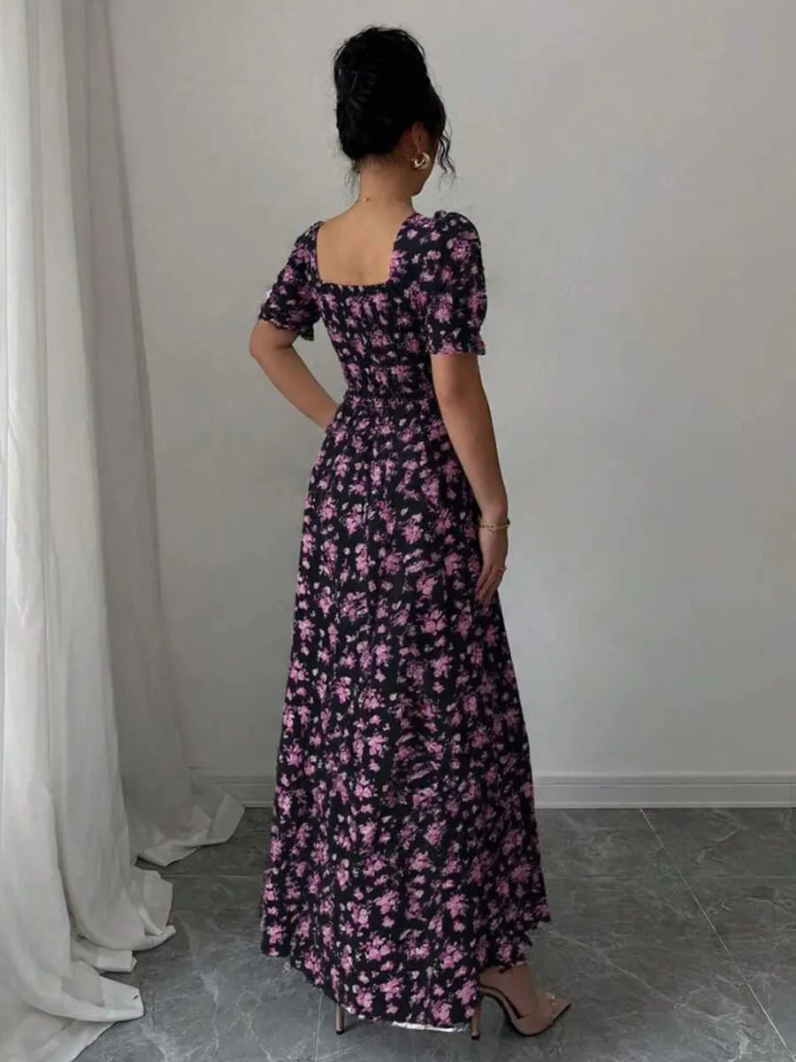 Women's Summer Maxi Dress Elegant Casual Puff Sleeve Square Neck Black Floral Print Long Evening Gown for Women — image 2