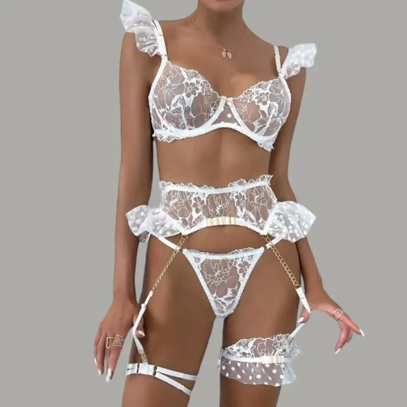 French Sexy Eyelash Lace Women's Lingerie Sets Fancy Floral Embroidery Bra Garter Belt Thong Ruffle Leg Straps Exotic Underwear — image 1