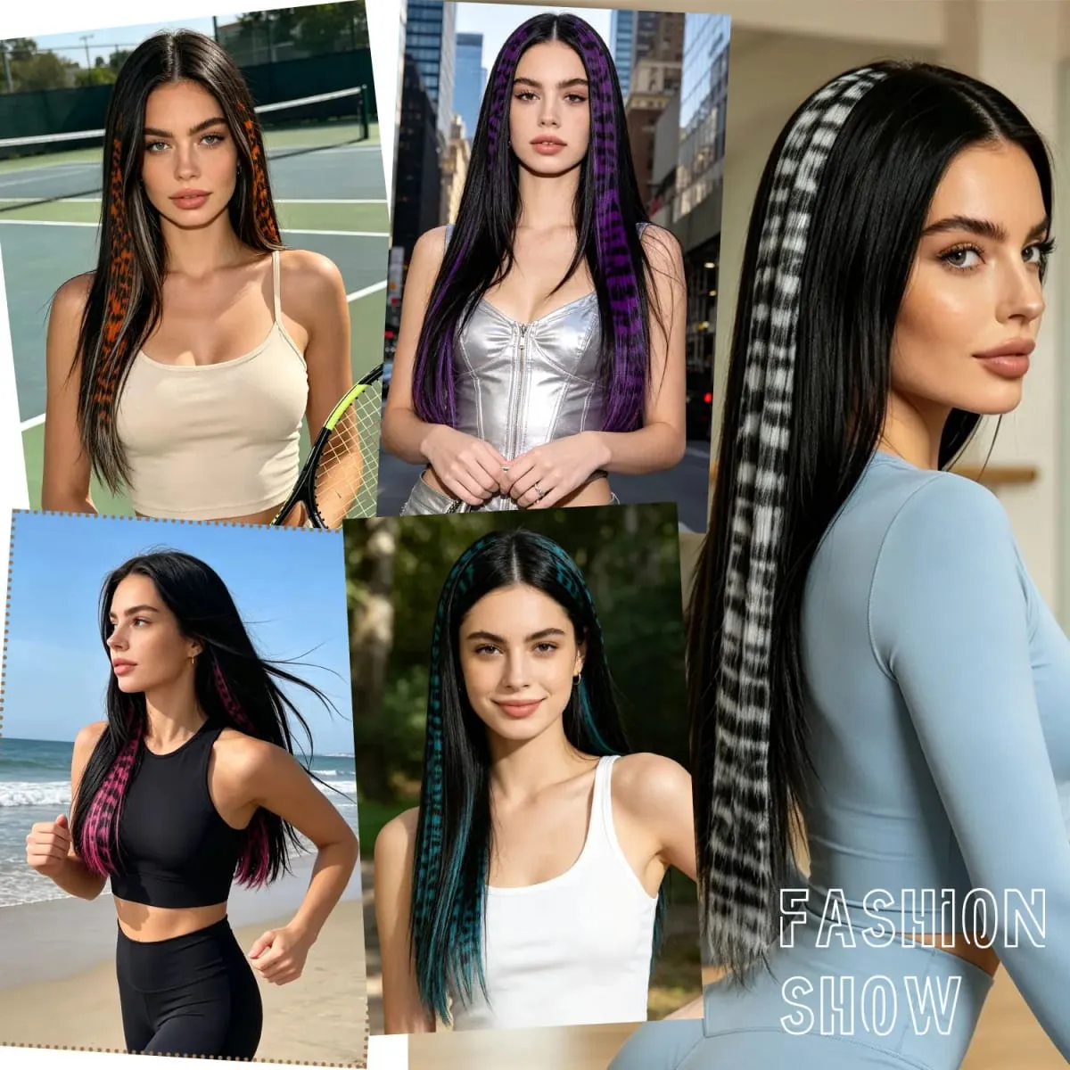 Clip in feather hair extensions Synthetic clip in colorful striped hairpieces 18inch for women ladies daily party holiday
