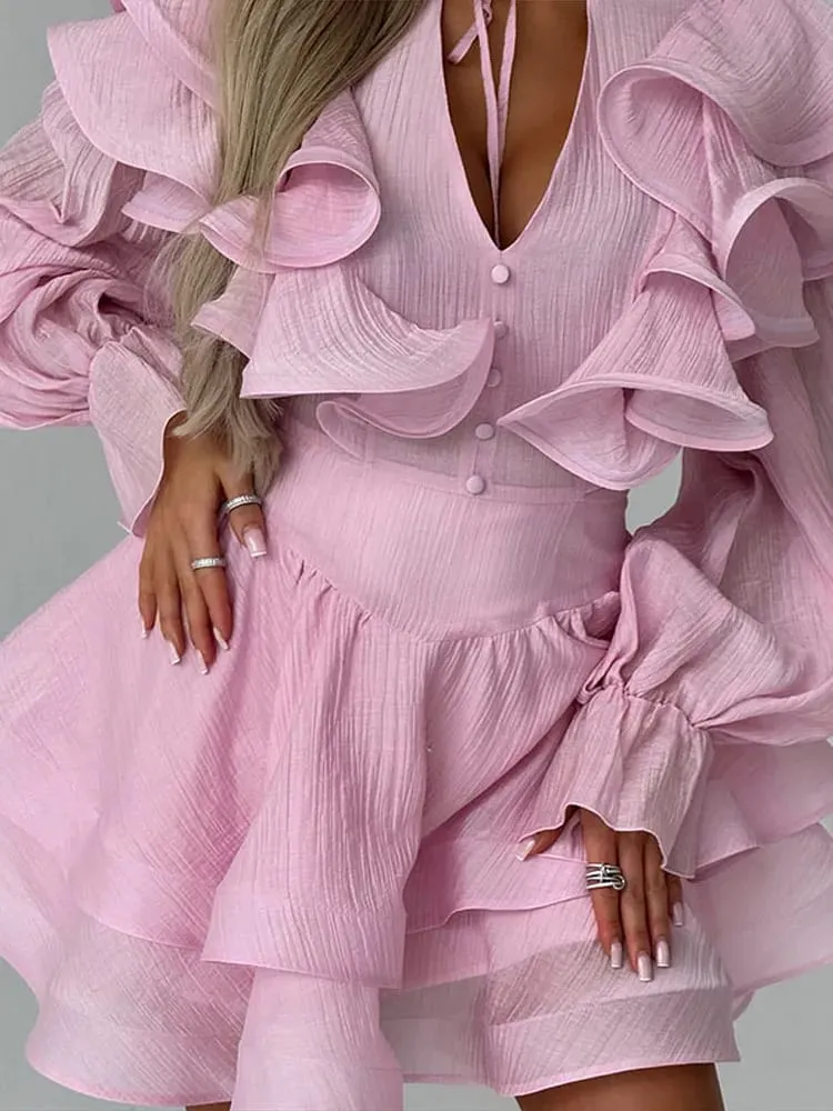 Women Solid Color Ruffle Tiered Mini Dress Long Sleeve V Neck Chiffon Fashion Dresses 2026 Summer Elegant Lady Party Chic Outfit — image 6