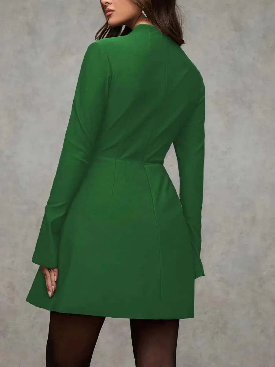 2026 Women Solid Mock Neck Split Flare Long Sleeve Mini Dress Pocket Design A‑Line Elegant Work Party Short Dress