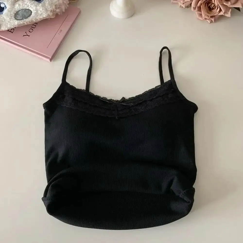 Knit Lace Sling Tops Sweet Bow Short Tank Top Camisole Solid Color Slim Knitted Crop Top Y2K Sexy Sleeveless Clothes Coquette