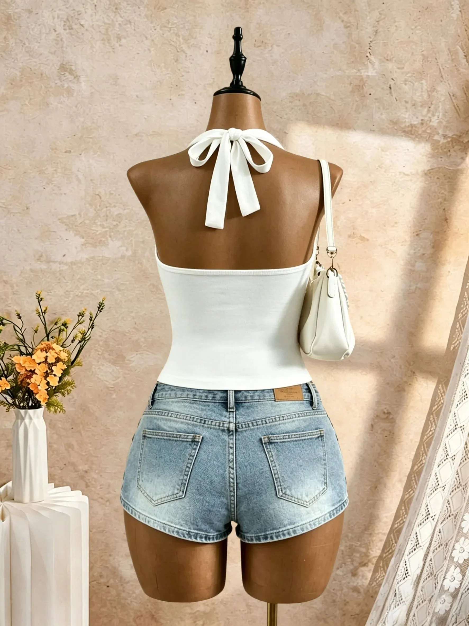Women Halter Deep V Cross Wrap Side Ruched Slim Crop Camisole 2026 Summer Y2K Solid White Sleeveless Casual Daily Tank Top — image 3