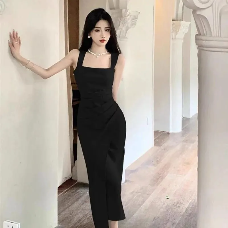 ผู้หญิงพรีเมี่ยมสีเขียวอ่อน Draped สแควร์คอกลางลูกวัวชุดเลดี้ Elegant แขนกุดด้านข้าง Slit หญิงฤดูร้อนชุดกระชับ — image 6