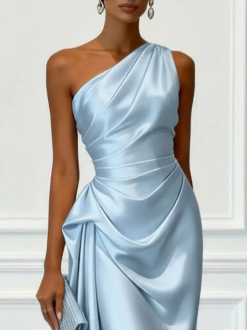 Elegantes One-Shoulder-Midikleid aus Satin mit Rüschen für eine formelle Abend-Cocktailparty — image 2