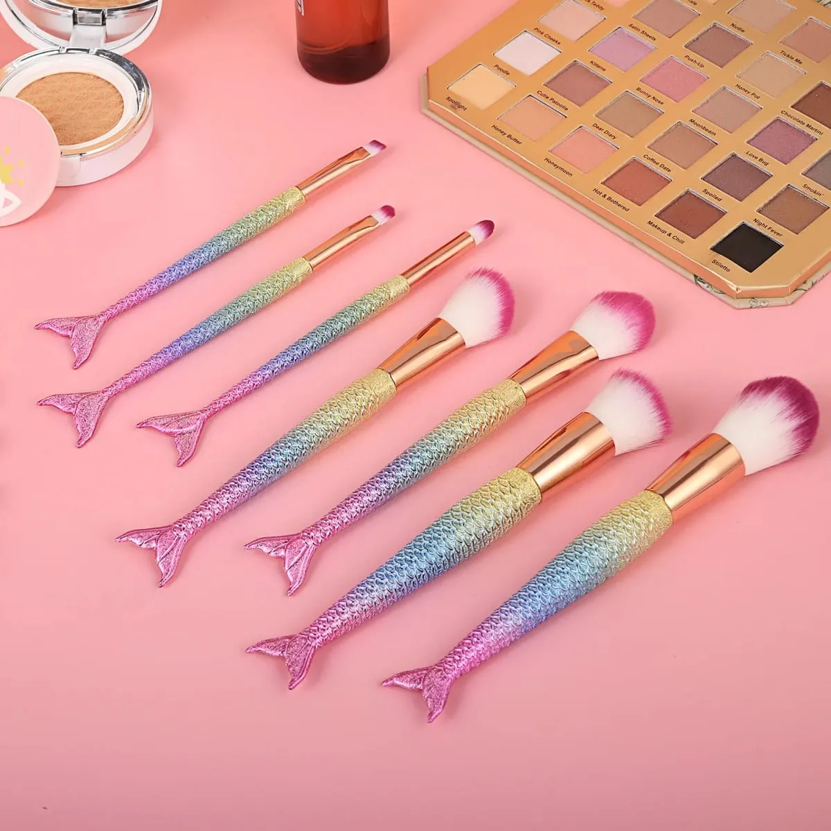 7Pcs Rainbow Mermaid Tail Makeup Brushes Large Powder Blush & Eyeshadow Detail Brushes Starter Beauty Cosmetic Kit
