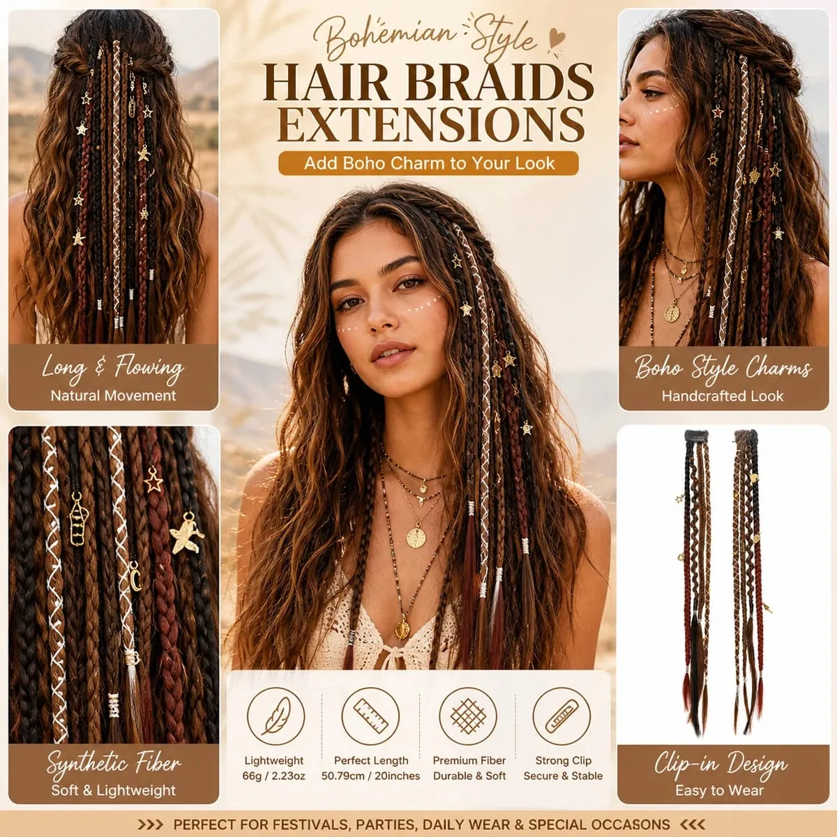 Synthetic Bohemian style clip braid hair extension wig women braided twist braid hair accessories hair extension wig — image 5