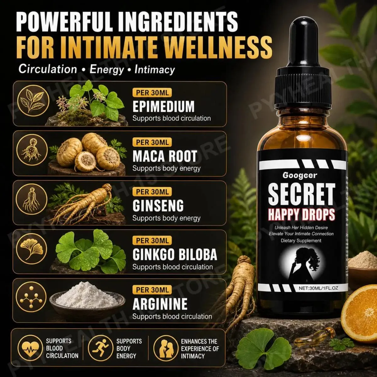 Googeer Secret Happy Drops Oral Drops Herbal Epimedium Maca Root Ginseng Ginkgo Biloba Support Blood Circulation Intimacy 30 ML — image 5