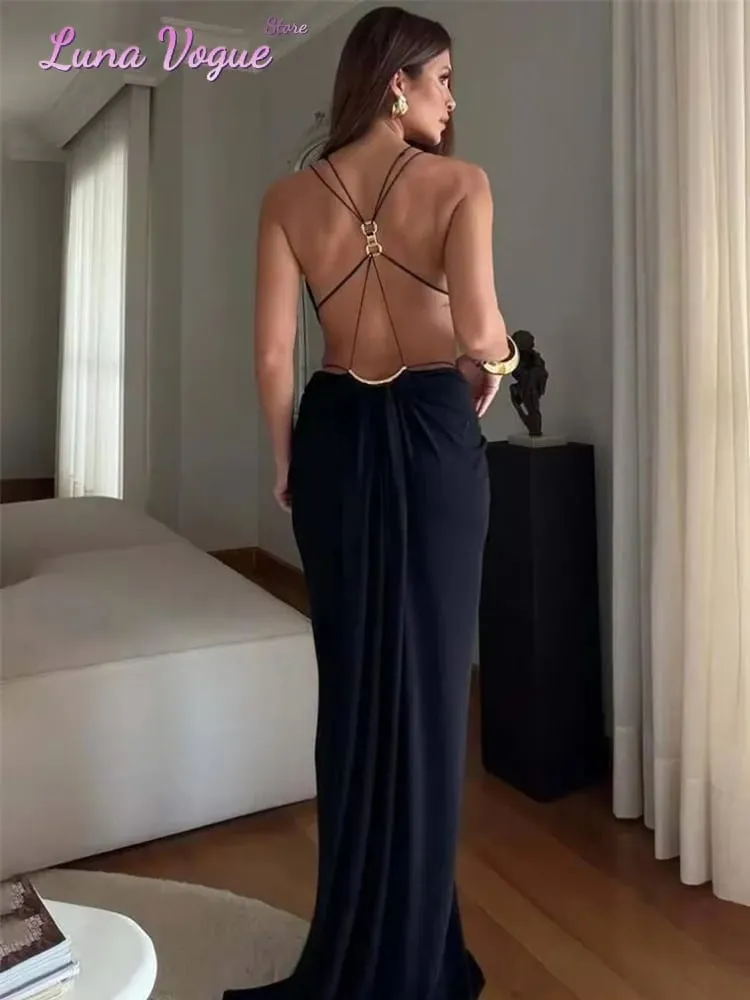Solid Color Spaghetti Strap Sleeveless Maxi Gown Women Sexy Deep V Cutout Waist Ruched Evening Dress Summer Elegant Party Wear — image 4