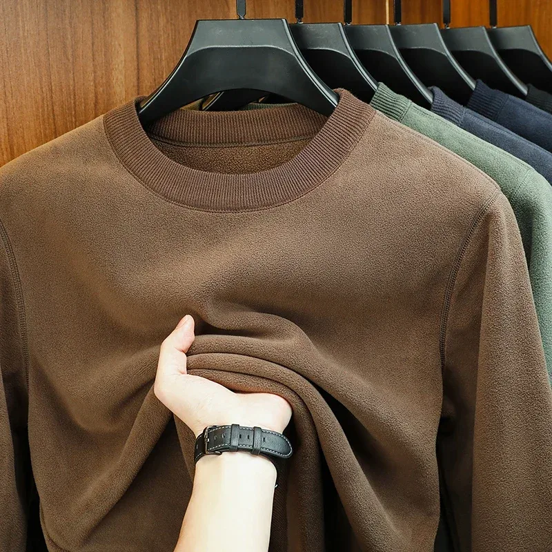 Autumn and Winter Men's Velvet Hoodie Long Sleeve Round Neck Solid Color Fashion Casual Versatile Top — image 3