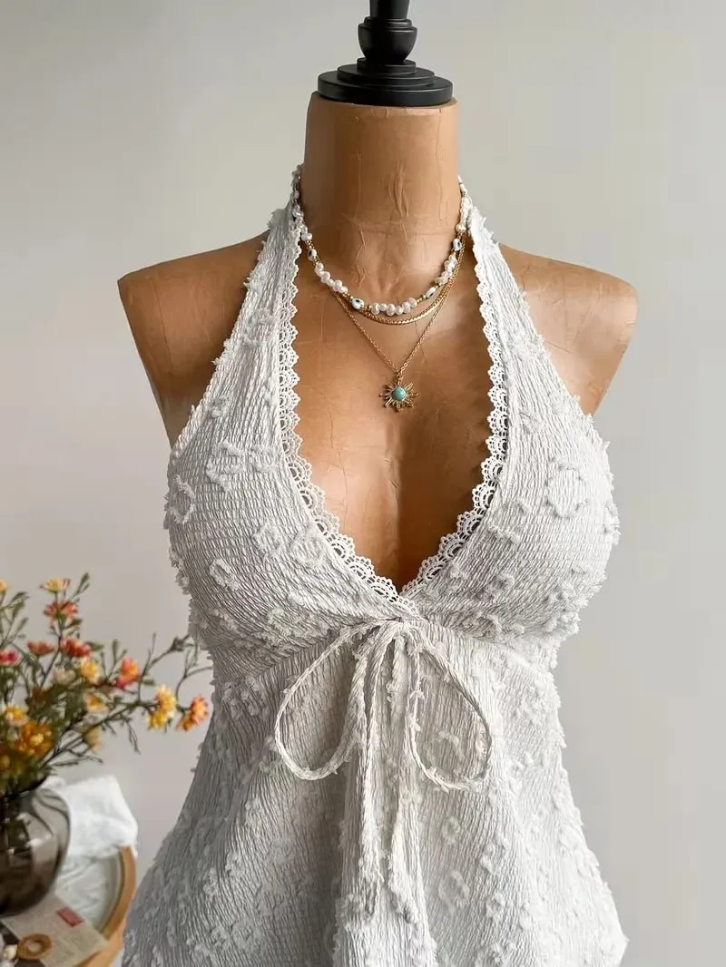 Ladies' Summer V-neck Lace Neck Strap Off Shoulder Leisure Vacation Easter Beach Wear Music Festival Top — image 6
