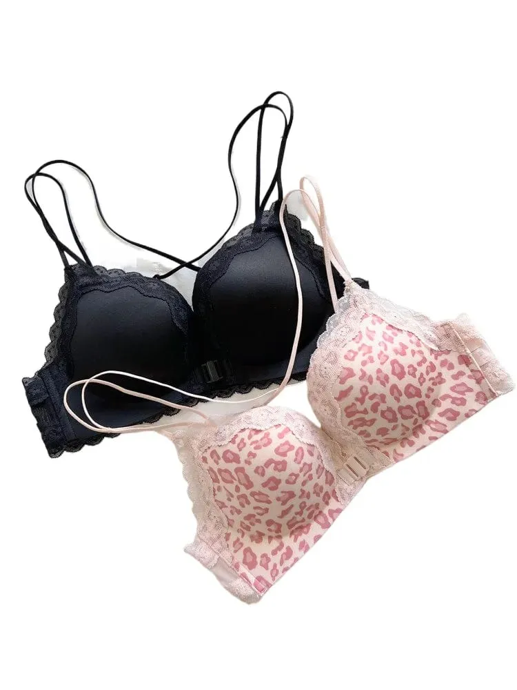 Victoria Style MOYISU Pink Leopard Wireless Bra Set Front Hook Design Push Up Bralette Sexy Back Lingerie To Boost Small Bust