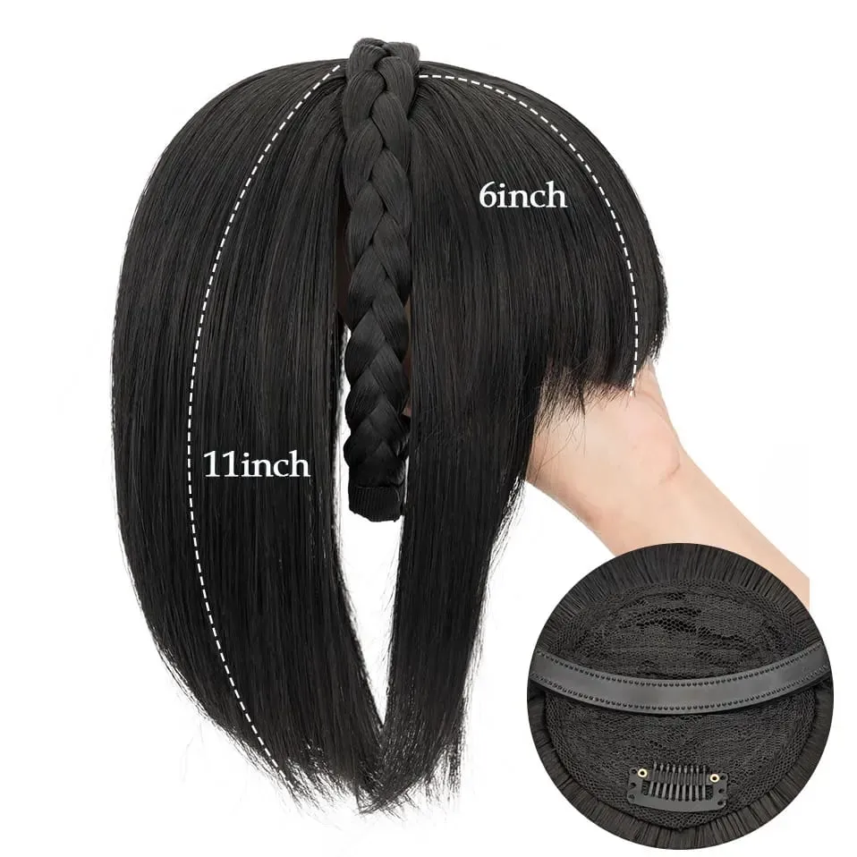 Snoilite 11'' Braided Headband with Clip-In Hair Topper With Bangs Natural Look Synthetic Straight Hair Extensions for Women 92g — image 3