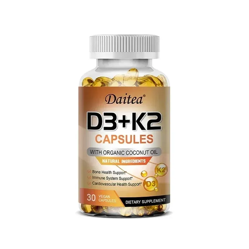 Cápsulas veganas de vitamina D3 K2 - Aceite de coco orgánico - Suplemento diario para un sistema inmunológico y huesos saludables Sin gluten ni soja