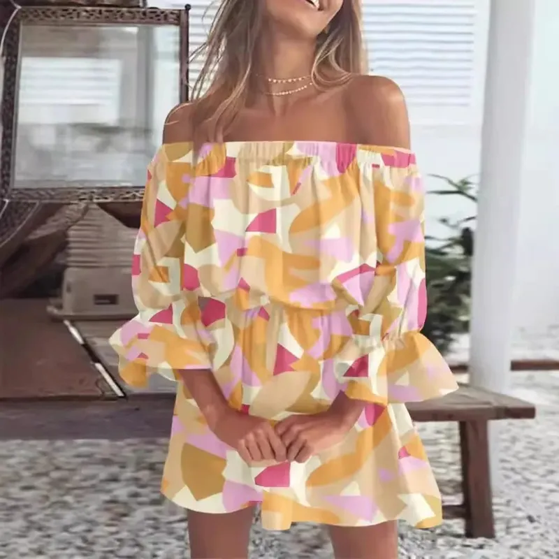 Women Off-Shoulder Ruffled Sleeve Printed Dress with Casual Boho Style for Beach or Vacation Occasions — image 2