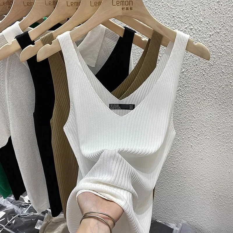Zjaiss 2026 Summer Fashion Women Camisole Ice Silk Knit Tank Top Slim Fit Sleeveless Base Top Solid Color V-Neck Crop Top — image 10