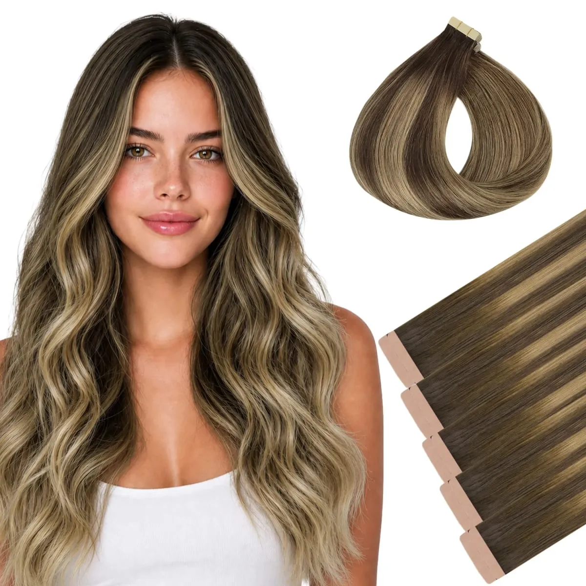 Sunmofavo Invisible Tape In Hair Extensions Seamless Full Thick Silky Straight Ombre Walnut Brown 10Pcs 100% Remy Human Hair