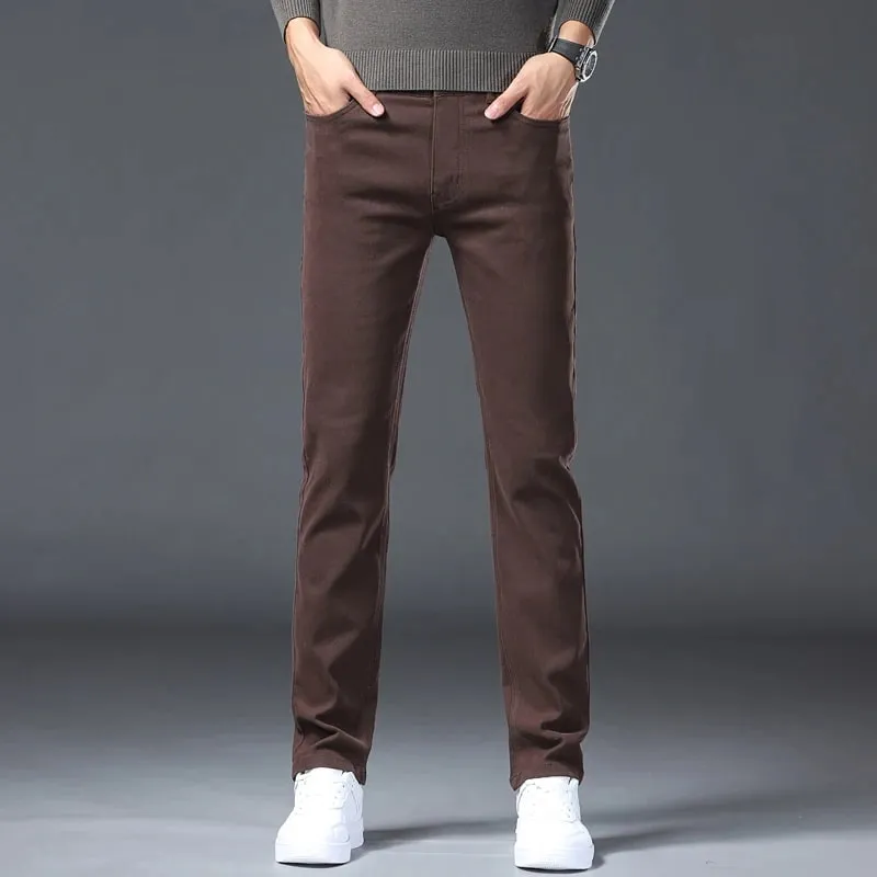 ArmyGreen Elastic Cotton Jeans Men's Spring Fashion Slim Straight Denim Pants Comfort Large Size Korean Business Casual Trousers