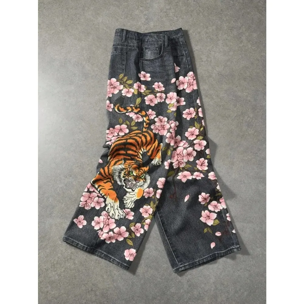 Y2K retro casual fashion high street pattern men's jeans floral tiger pattern loose high waist wide leg casual women's jeans — image 2