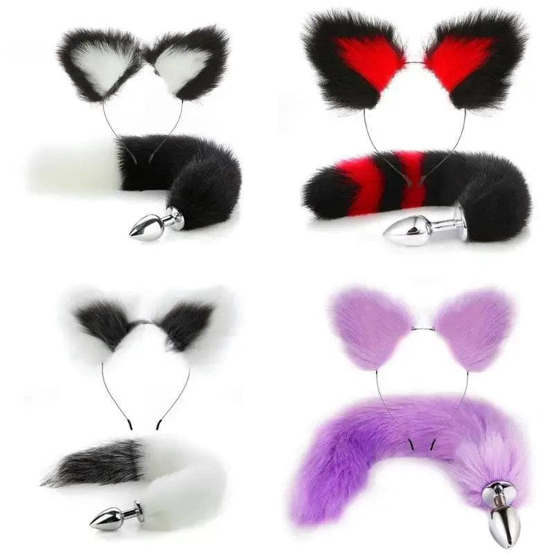 40cm Fox Tail Anal Plug Plush Cat Ears Headbands Set Butt Plug Tail Erotic Cosplay Sex Toys Women Anal Masturbation