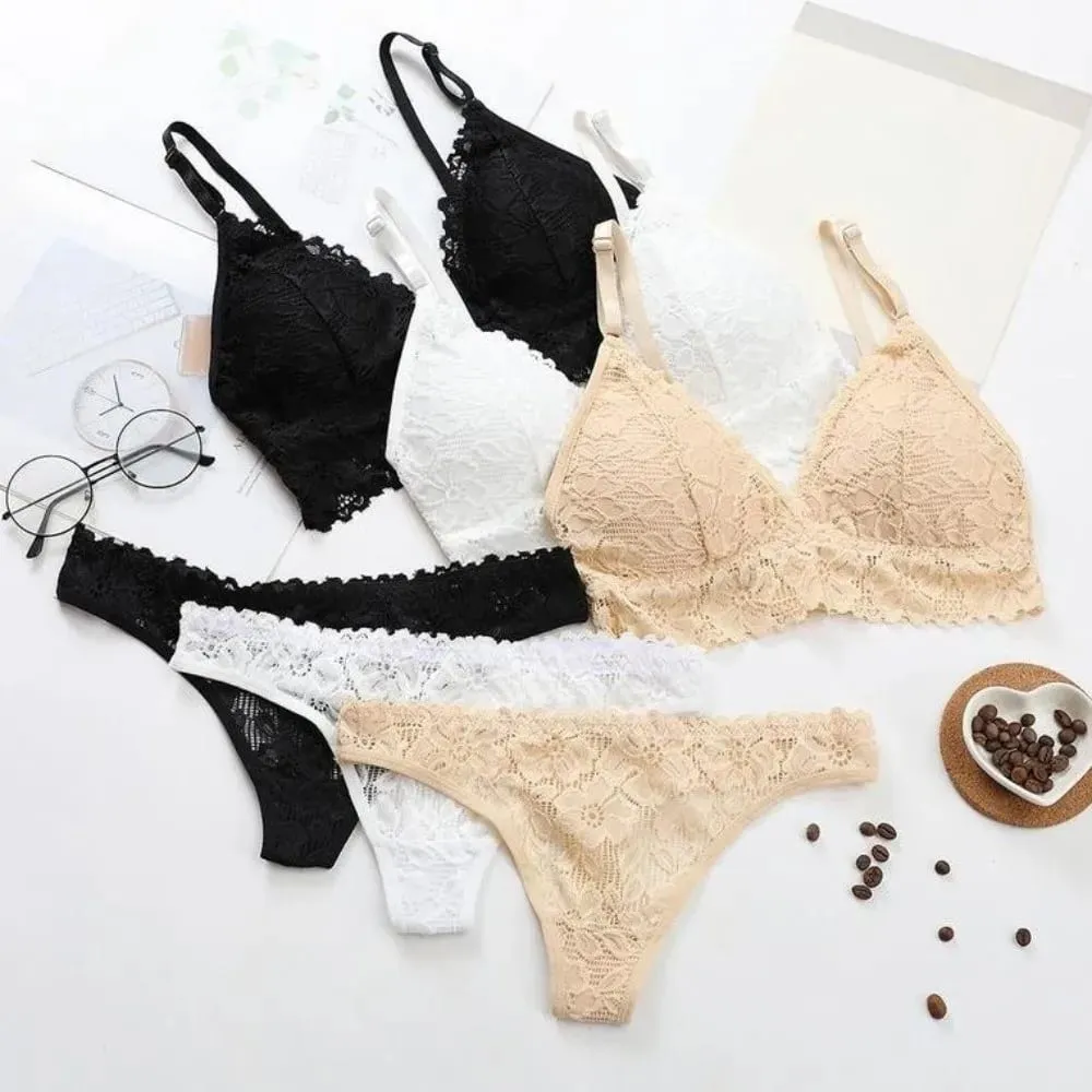 V Neck Lace Flower Bra Set Thong Solid Color Floral Panties Bra Kit Lingerie T-Back Lace Underwear Valentine's Day Gift — image 3