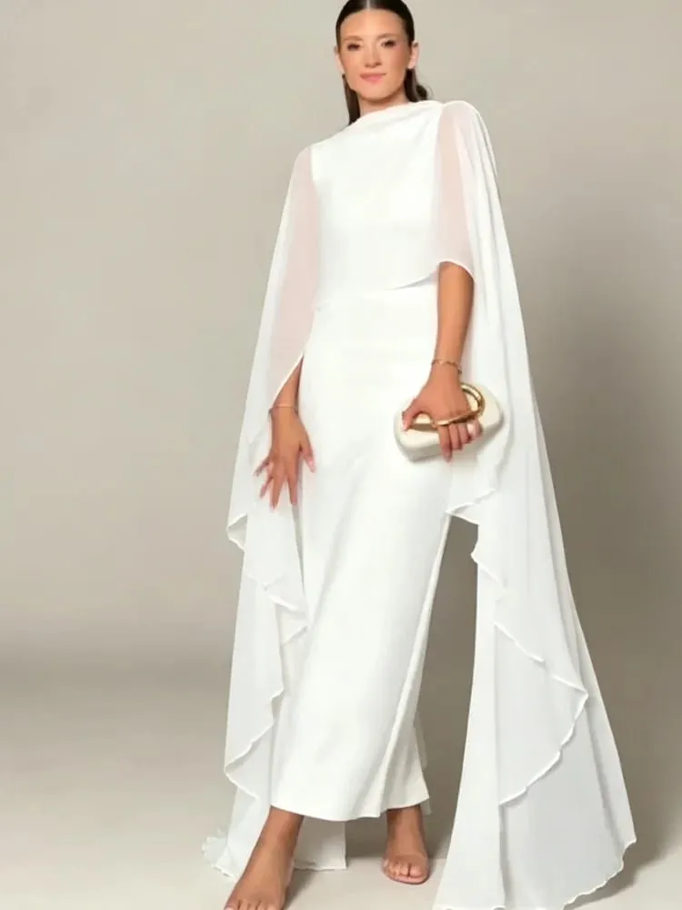 Sheer Cape Round Neck Maxi Dress For Woman Open Back Solid Plain Design Skirt Elegant Wedding Formal Evening Female Long Robes